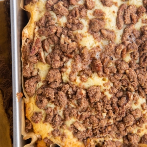 Vertical image of cake pan of coffee cake, fresh out of the oven.