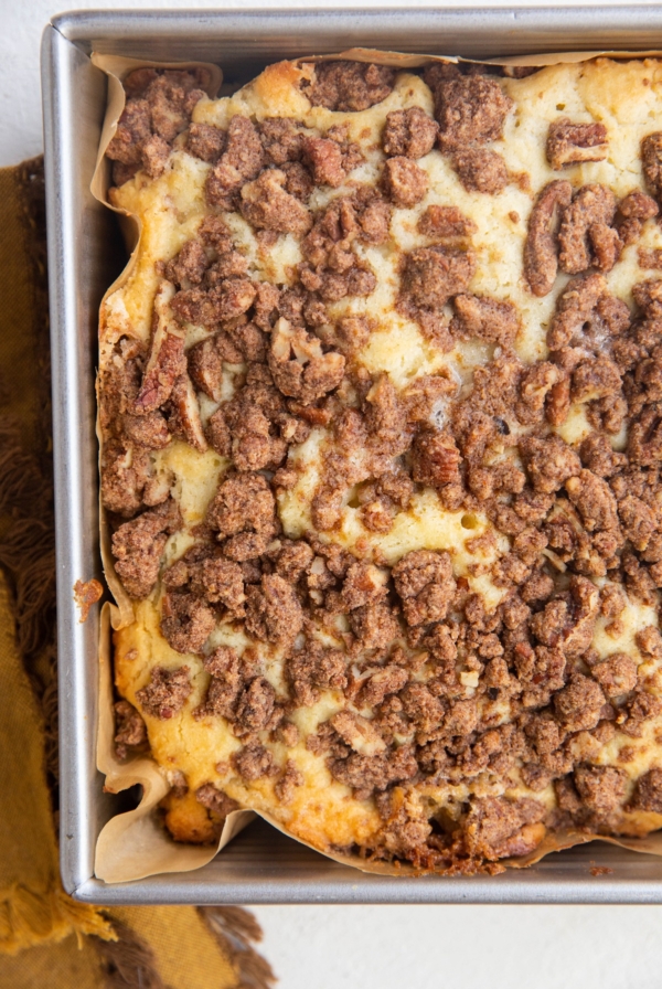 Vertical image of cake pan of coffee cake, fresh out of the oven.