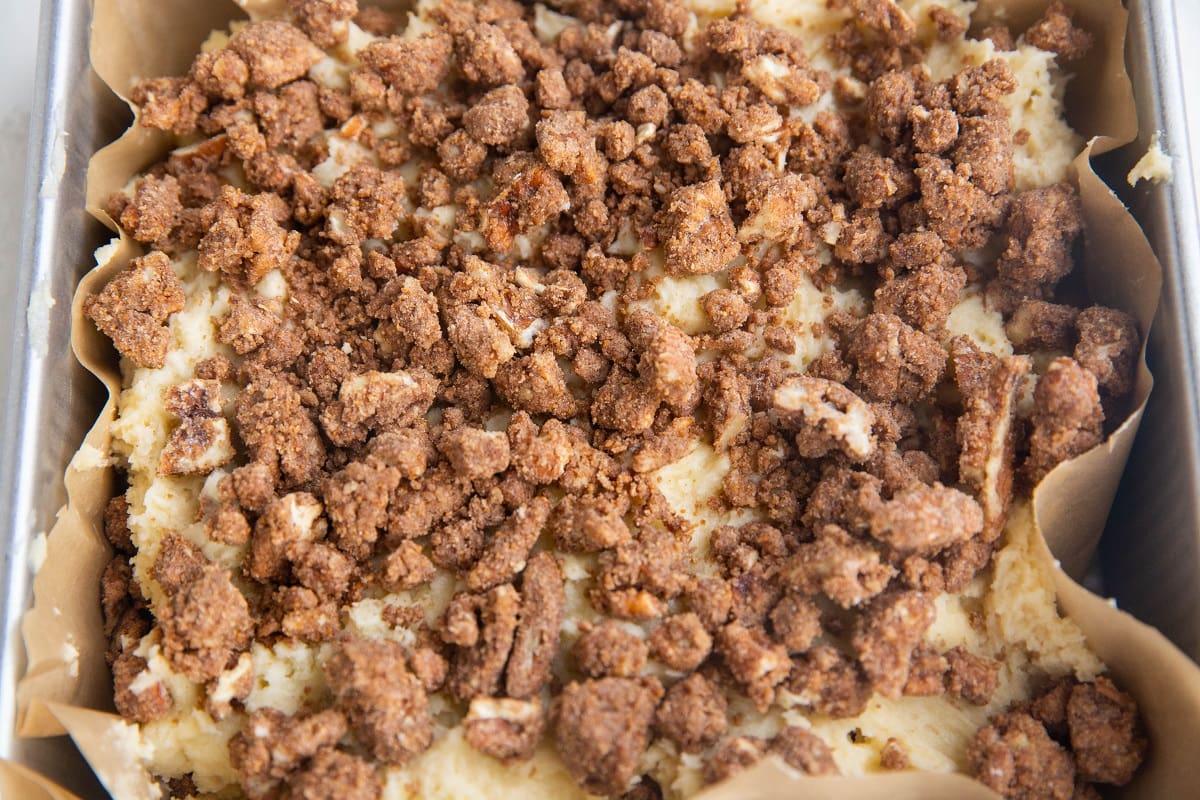 Coffee cake in a baking dish ready to go into the oven.