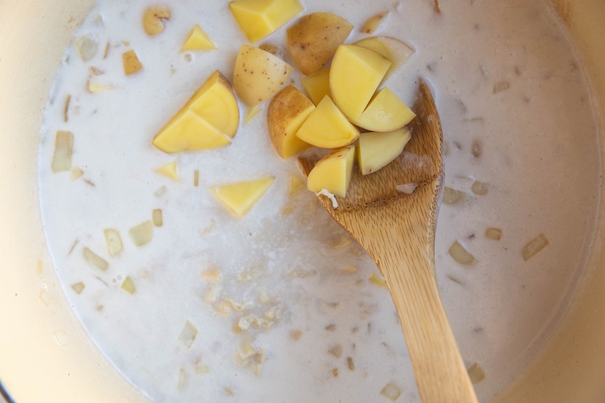 Chowder ingredients in a large soup pot, ready to be boiled.