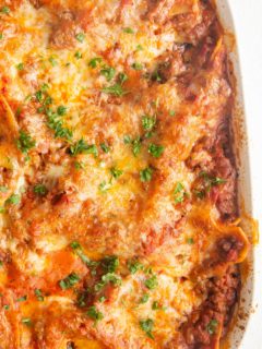 Close up top down photo of gluten-free lasagna.