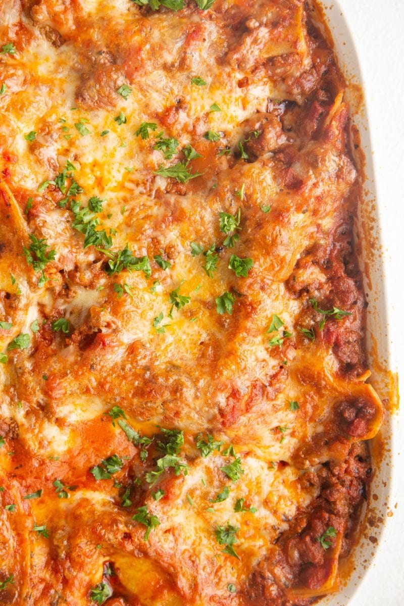 Close up top down photo of gluten-free lasagna.