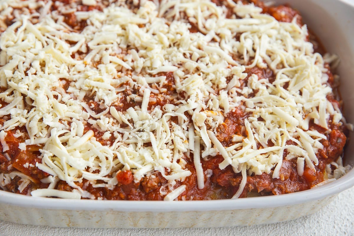 Finished lasagna, ready to go into the oven.