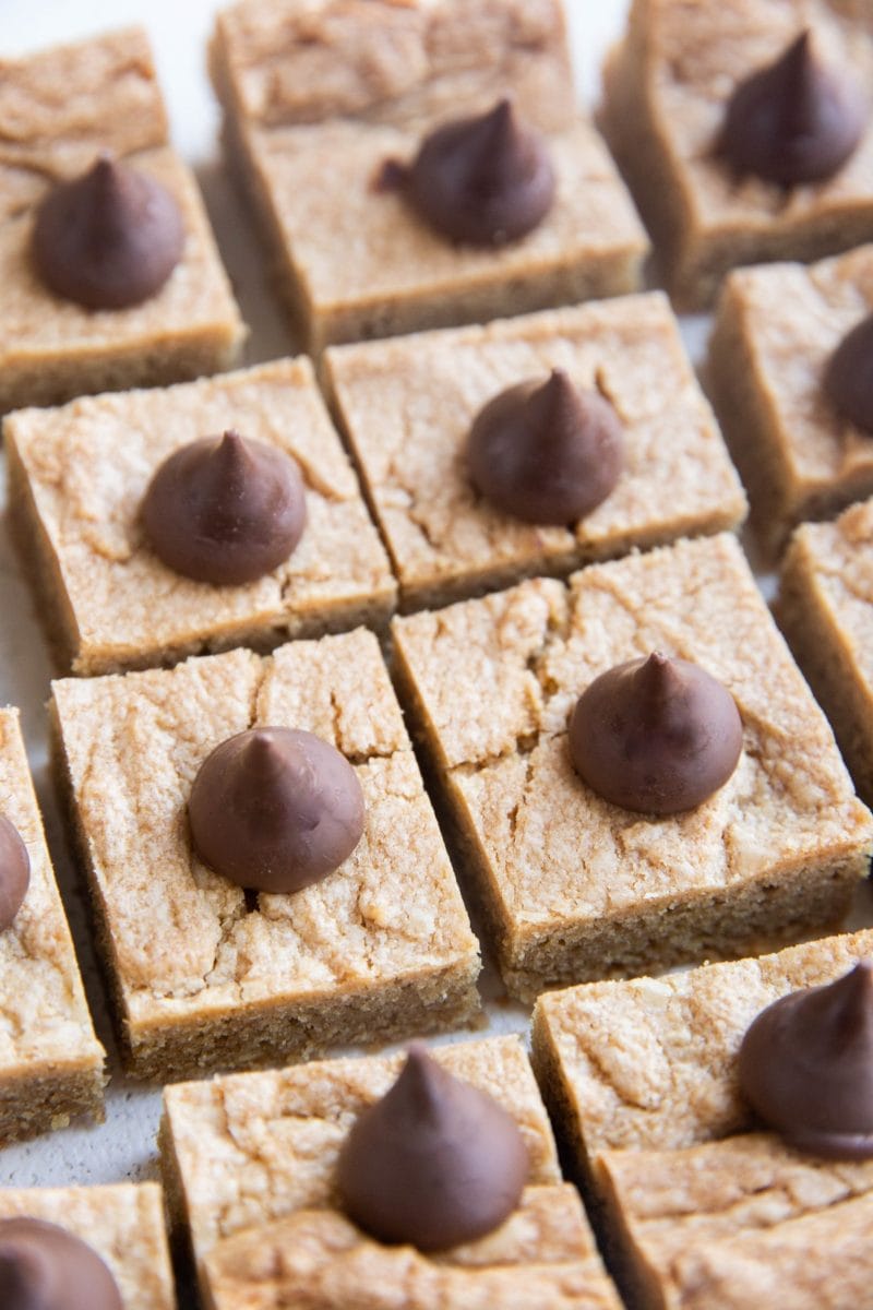 Angled shot of peanut butter chocolate blossom cookies.