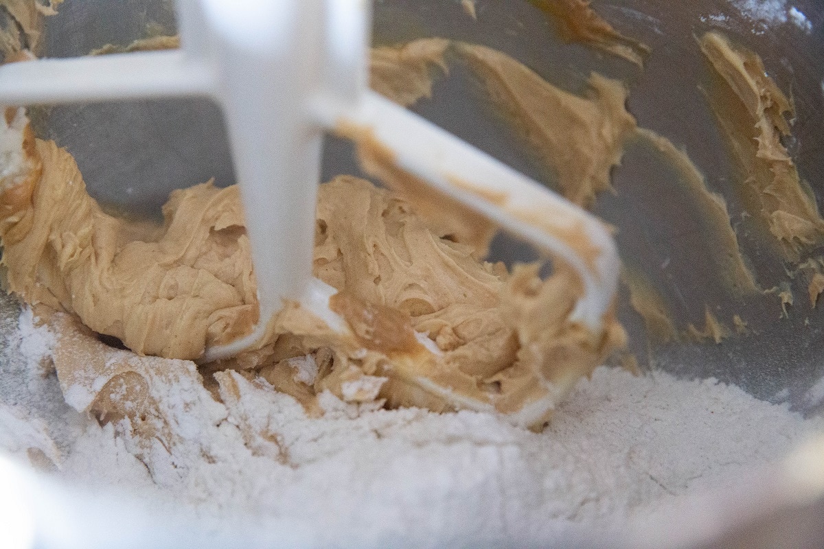 Wet ingredients with dry ingredients on top in stand mixer, ready to be mixed together.