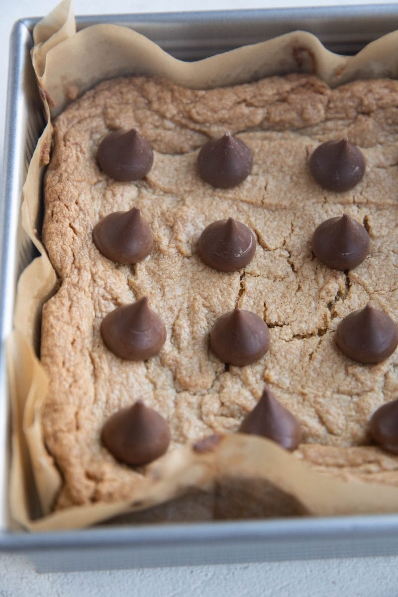 Peanut Butter Blossom Cookie Bars fresh out of the oven