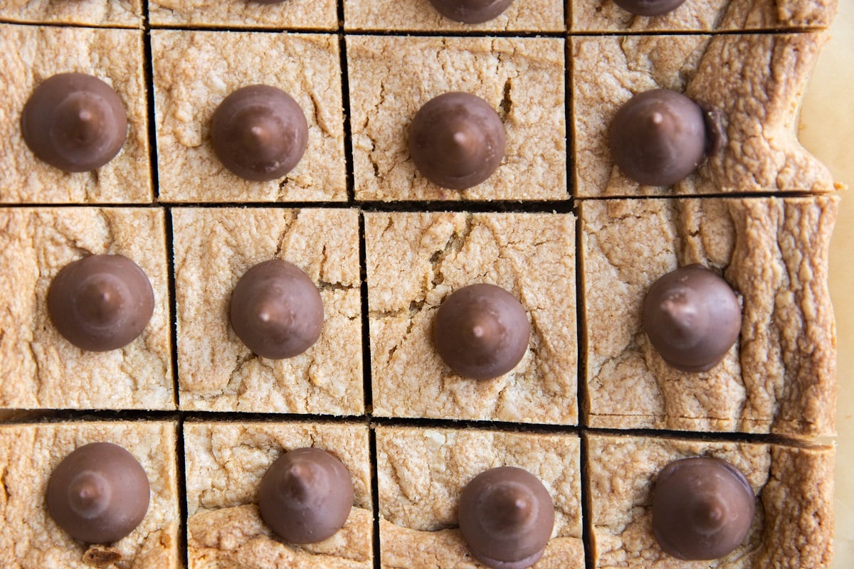 Horizontal photo of cookie bars sliced into squares.