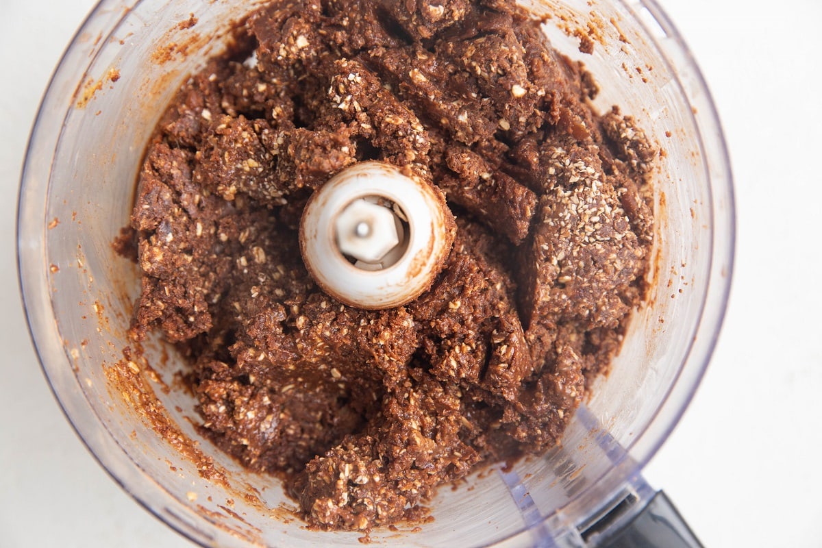 Chocolate peanut butter dough in a food processor