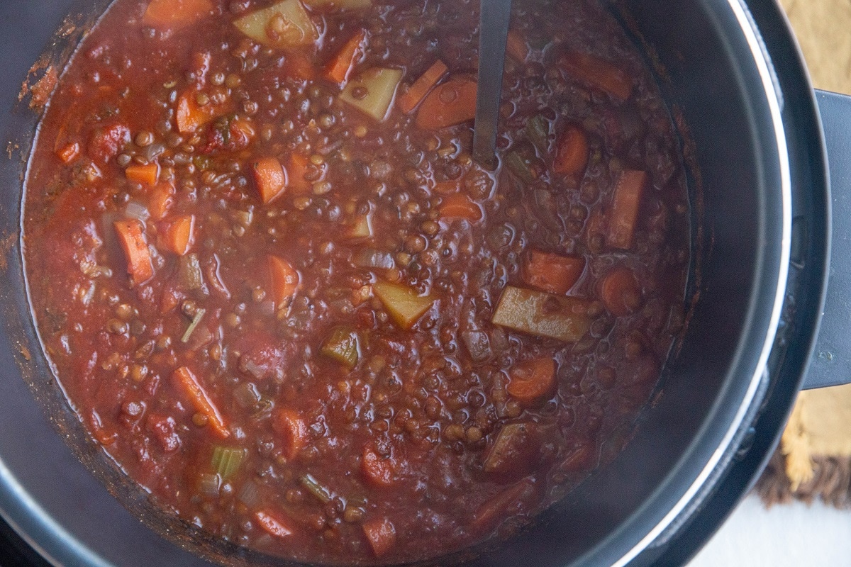 Finished lentil soup in an Instant Pot, ready to be served.