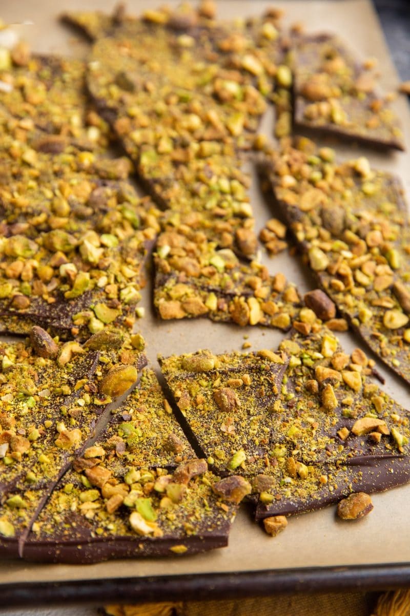 Pistachio bark on a large baking sheet, ready to be eaten.