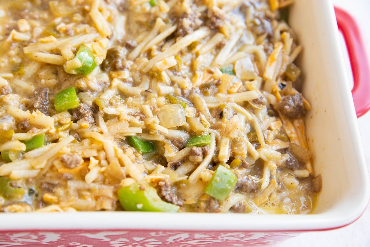 Taco casserole ready to go into the oven.