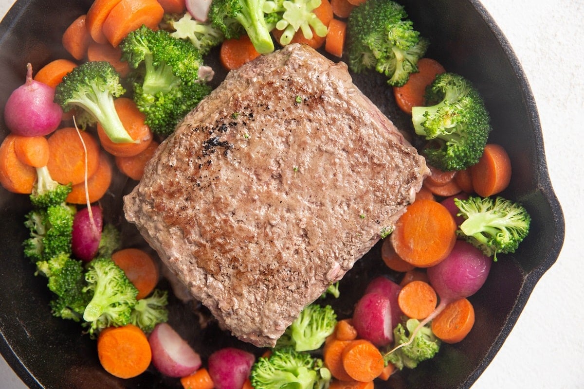 Ground beef in a skillet with vegetables.