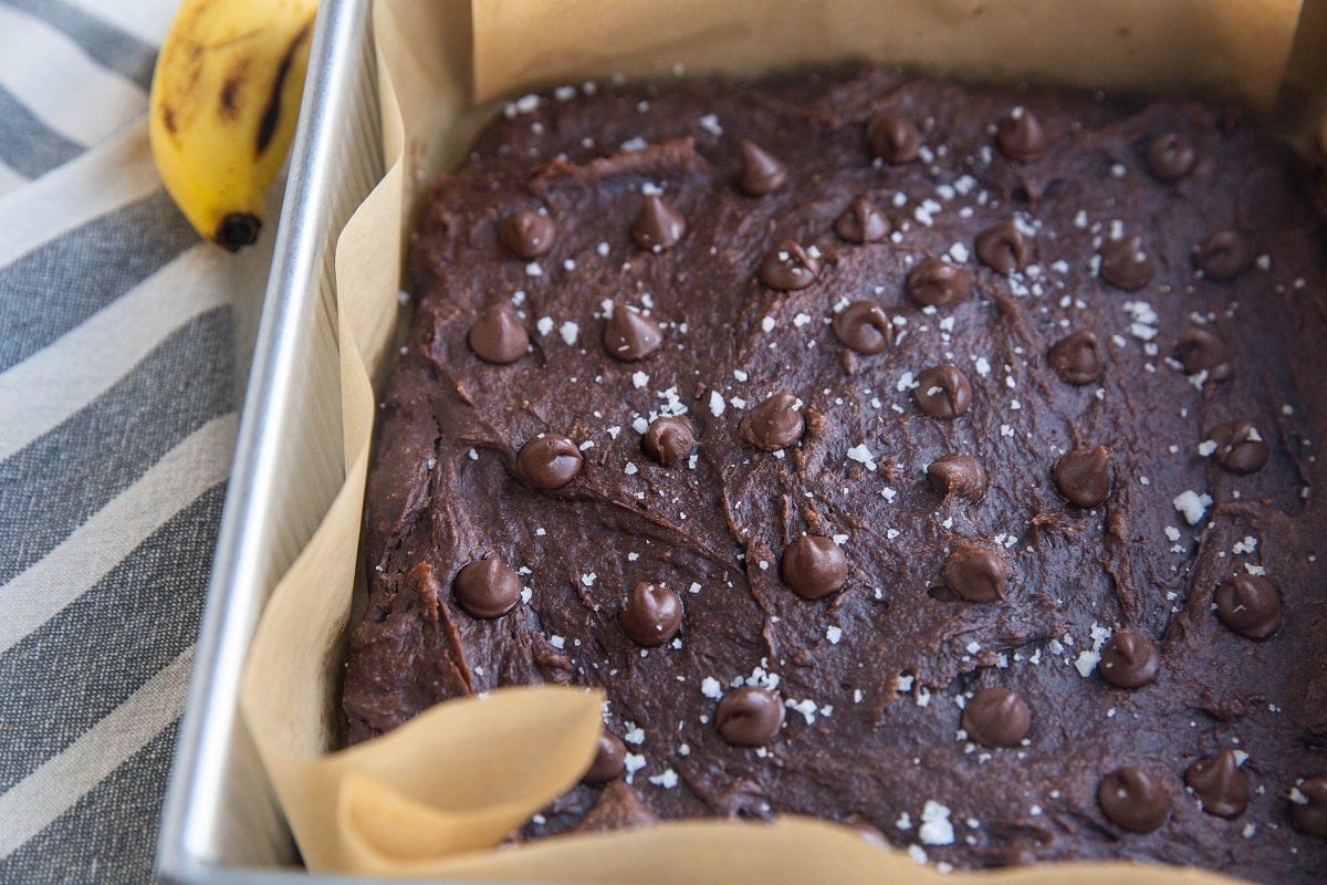 Baking dish with banana brownies fresh out of the oven.