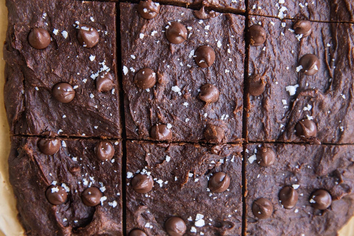 Healthy Peanut Butter Banana Brownies cut into individual squares.