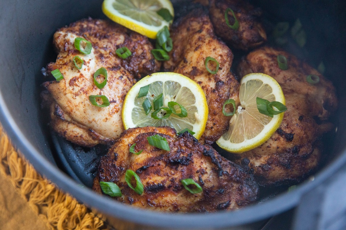 Mediterranean chicken in an air fryer, ready to eat.