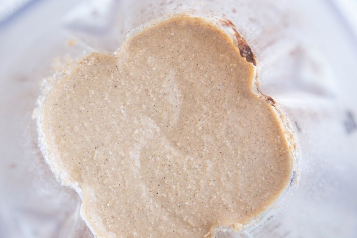 Banana muffin batter in a blender, ready to be baked