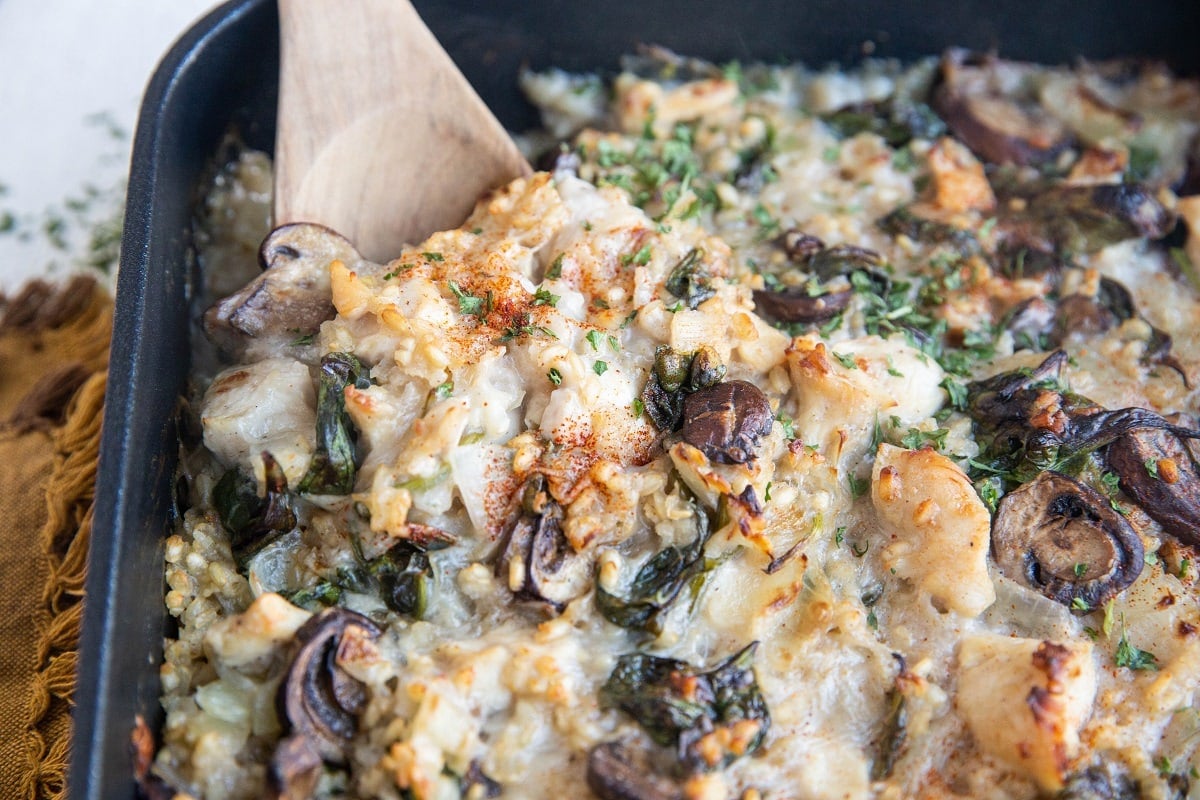 Finished chicken mushroom casserole, fresh out of the oven.