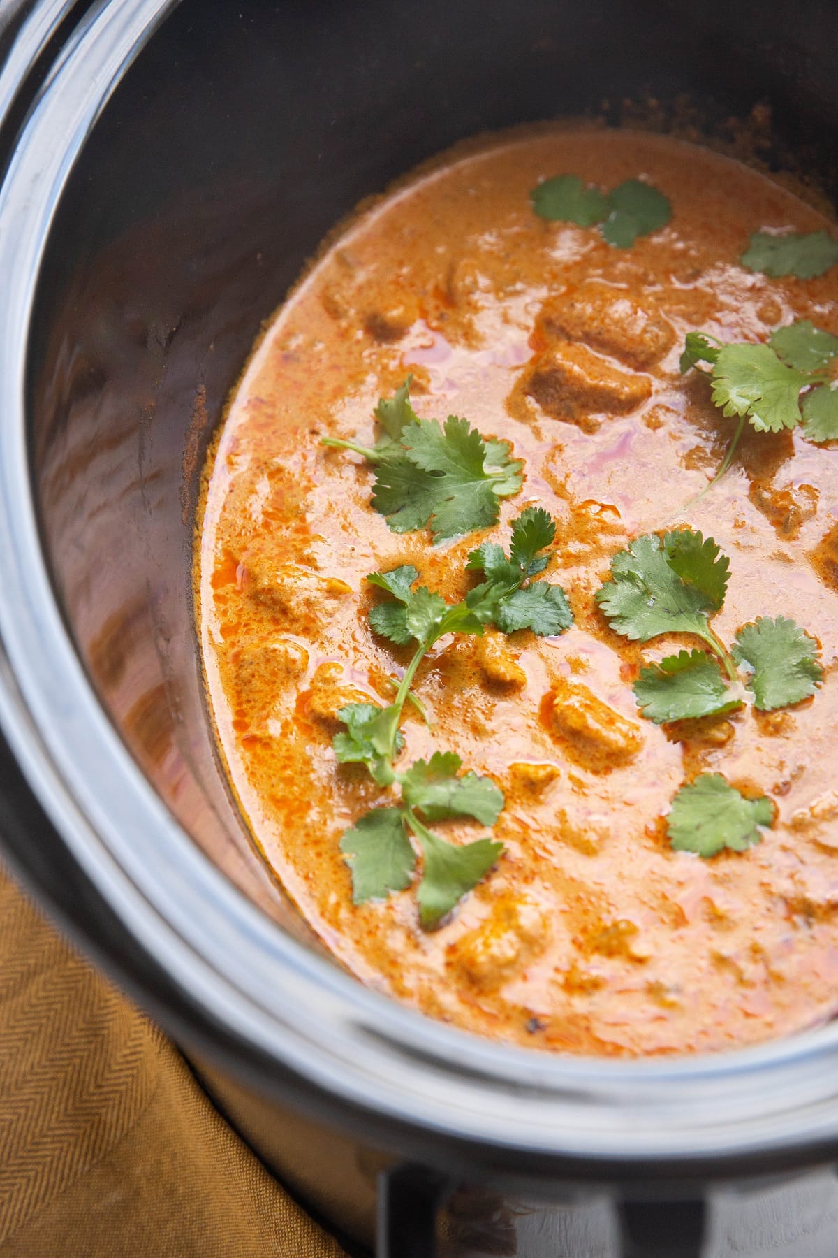 Vertical image of a crock pot full of chicken tikka masala