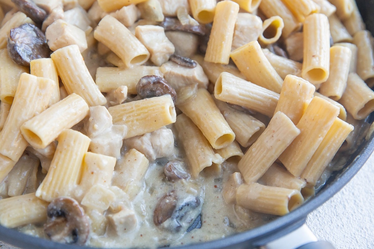 Chicken stroganoff in a skillet. Finished and ready to serve.