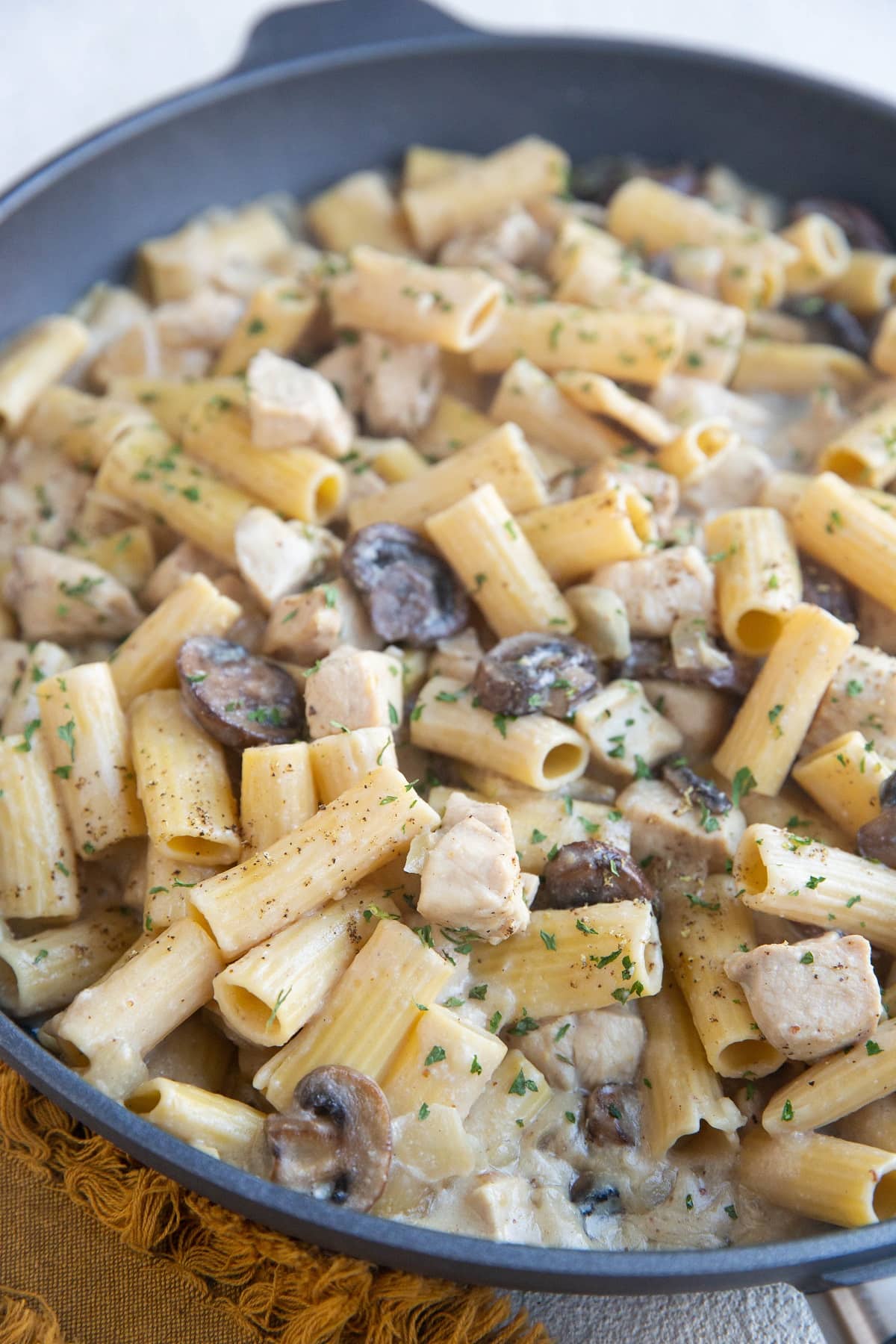 Gluten-Free Dairy-Free Chicken Stroganoff in a large skillet, ready to serve.