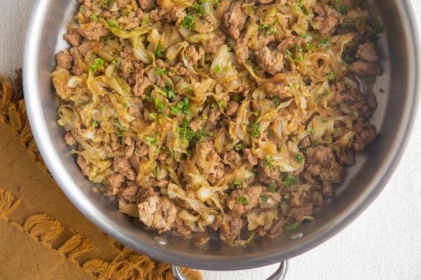 Finished ground turkey and cabbage skillet, ready to eat.