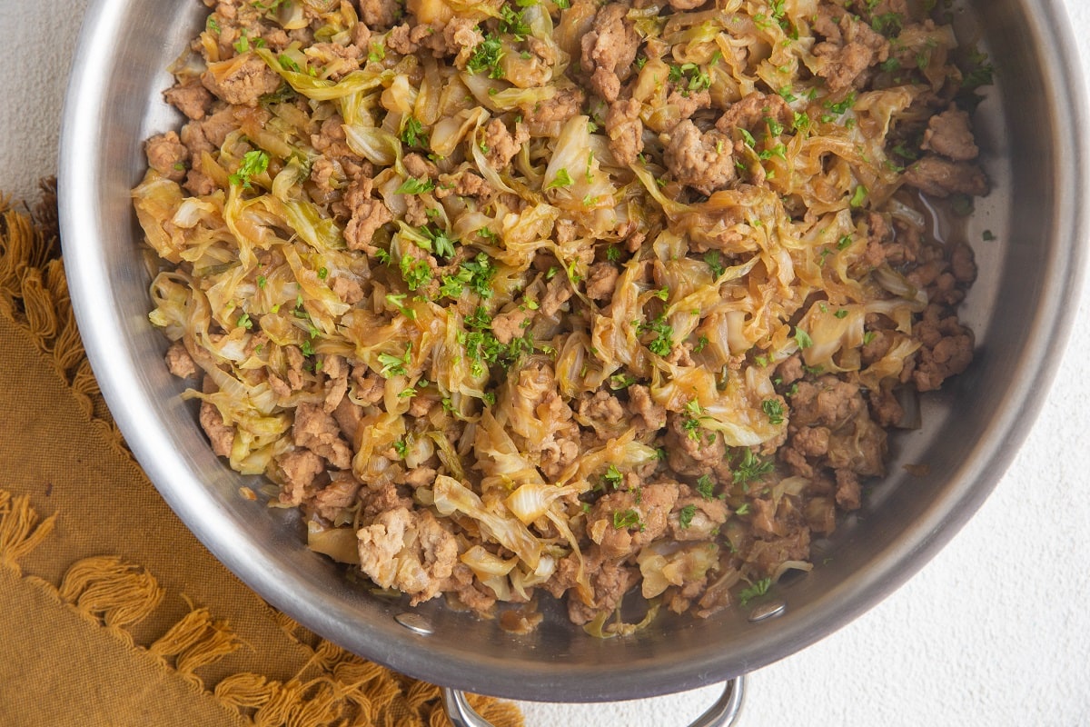 Finished ground turkey and cabbage skillet, ready to eat.