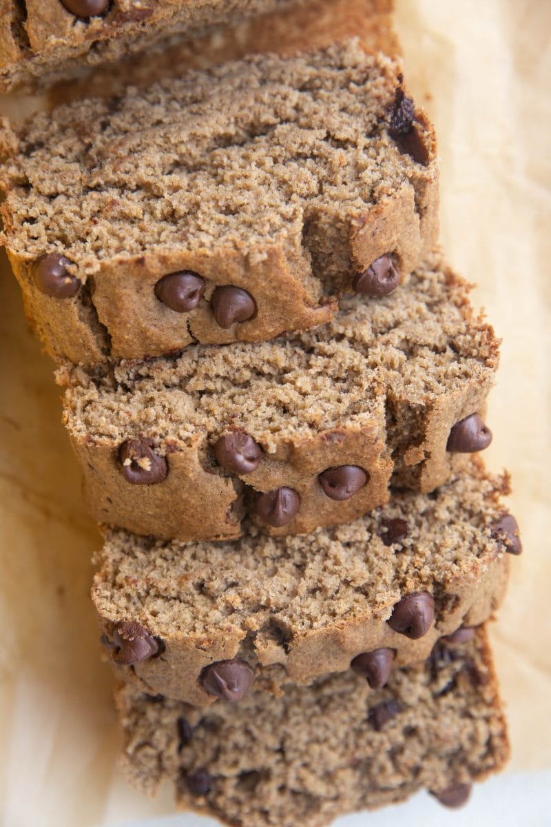 Top down image of a loaf of vegan banana bread cut into individual slices.