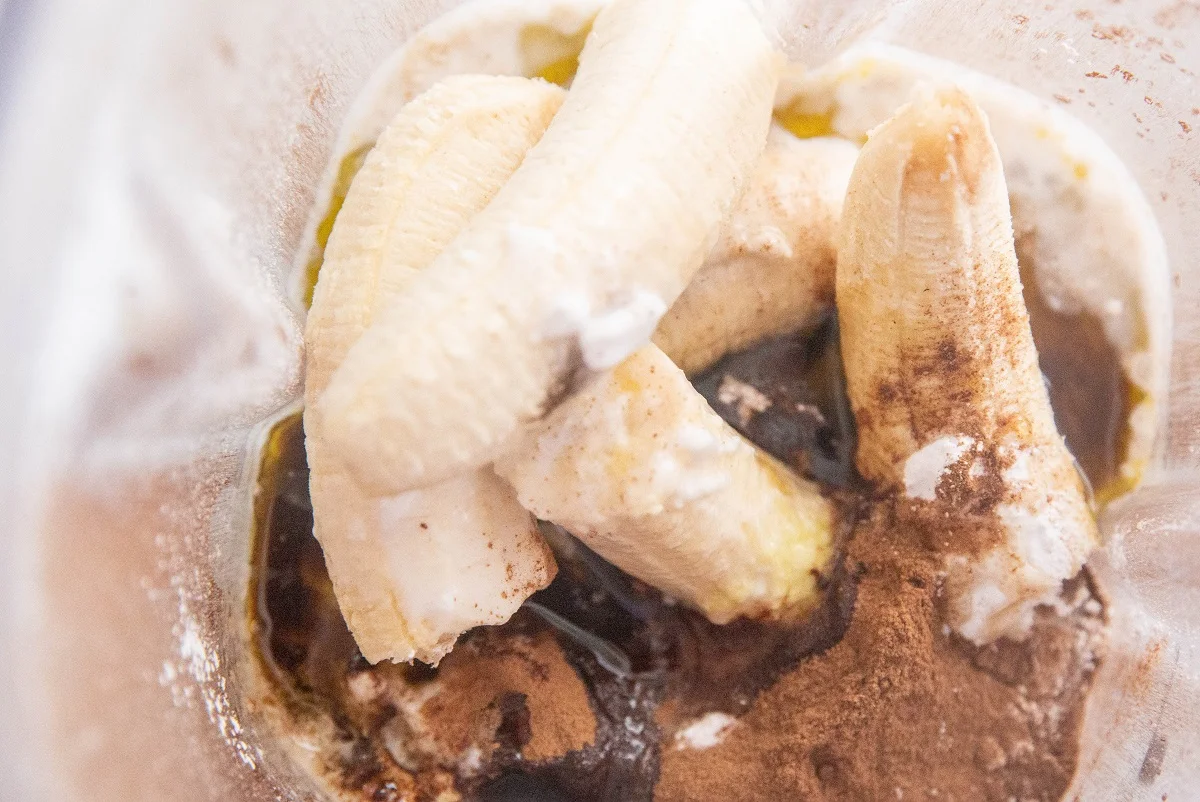 Ingredients for vegan banana bread in a blender