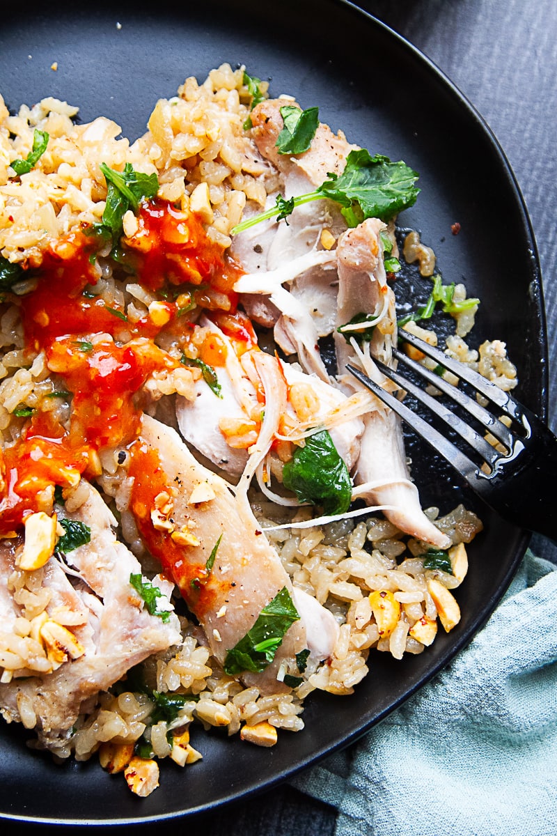 Plate of One Pan Coconut Chicken Thighs and Rice