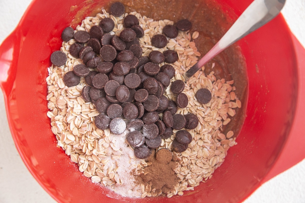 Oats, chocolate chips, salt and cinnamon on top of the wet mixture for the cookie bars.