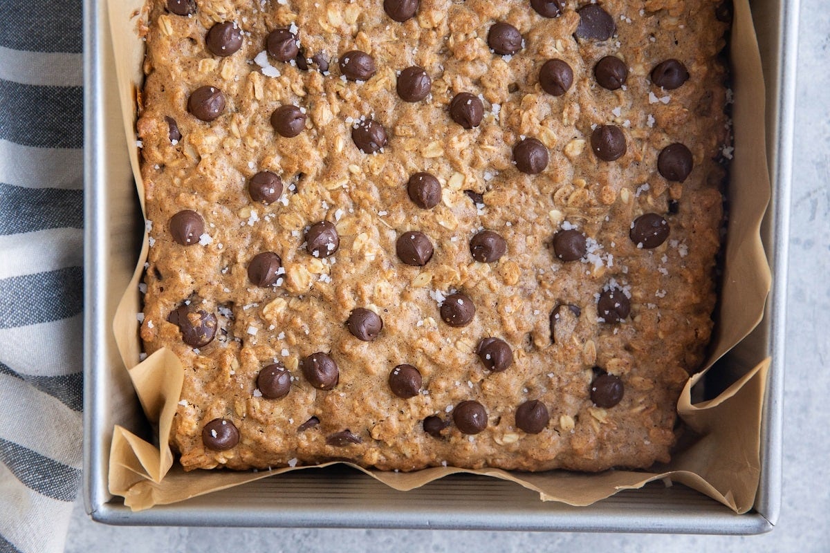 Finished cookie bars in a square baking pan, fresh out of the oven. Ready to enjoy!