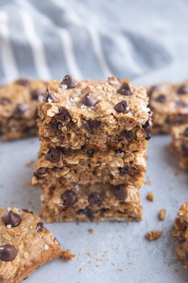 Stack of almond butter oatmeal cookie bars.