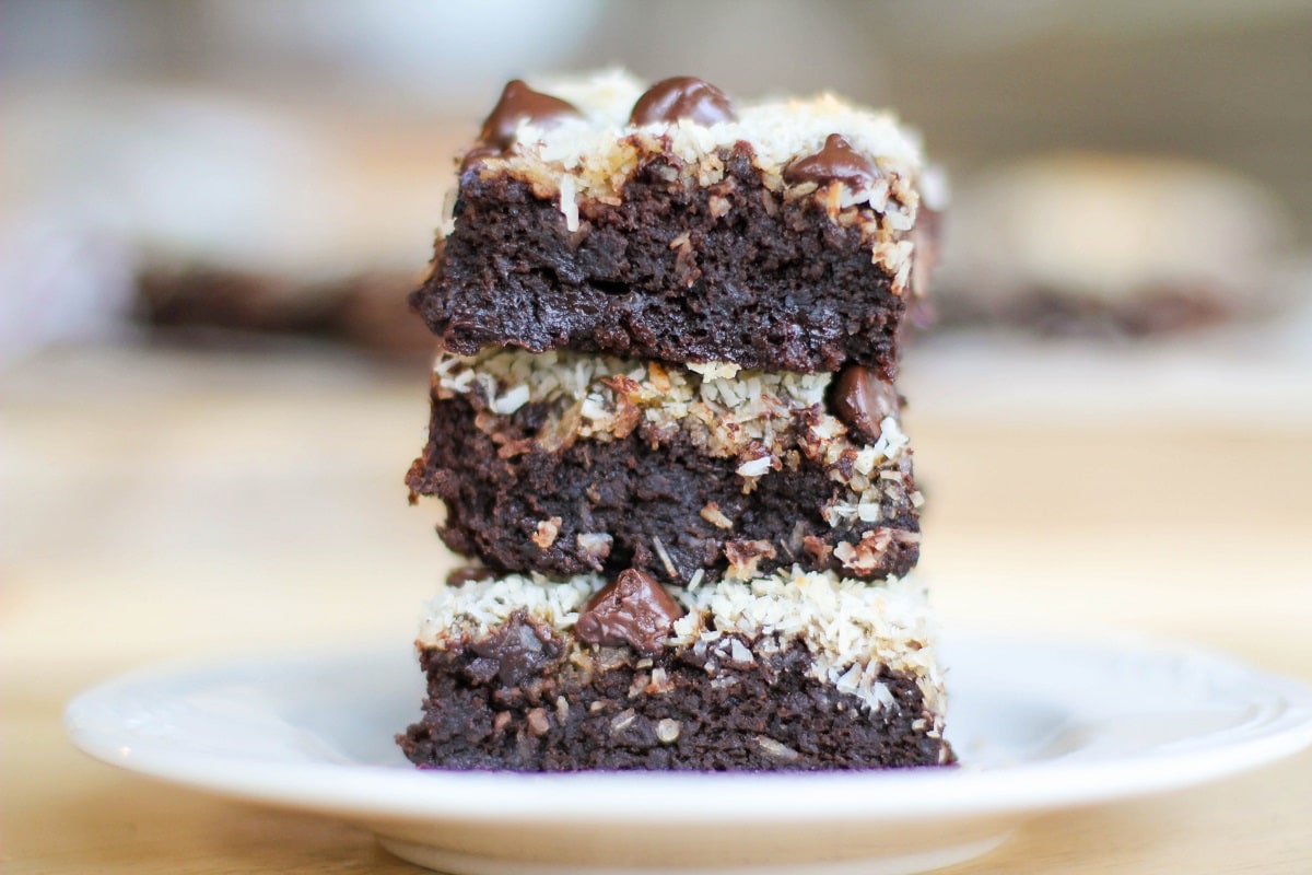 Stack of black bean brownies on a plate