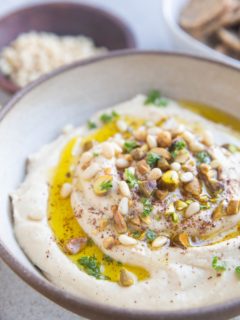 Creamy Roasted Garlic Hummus recipe in a bowl, ready to serve