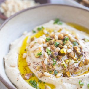 Creamy Roasted Garlic Hummus recipe in a bowl, ready to serve