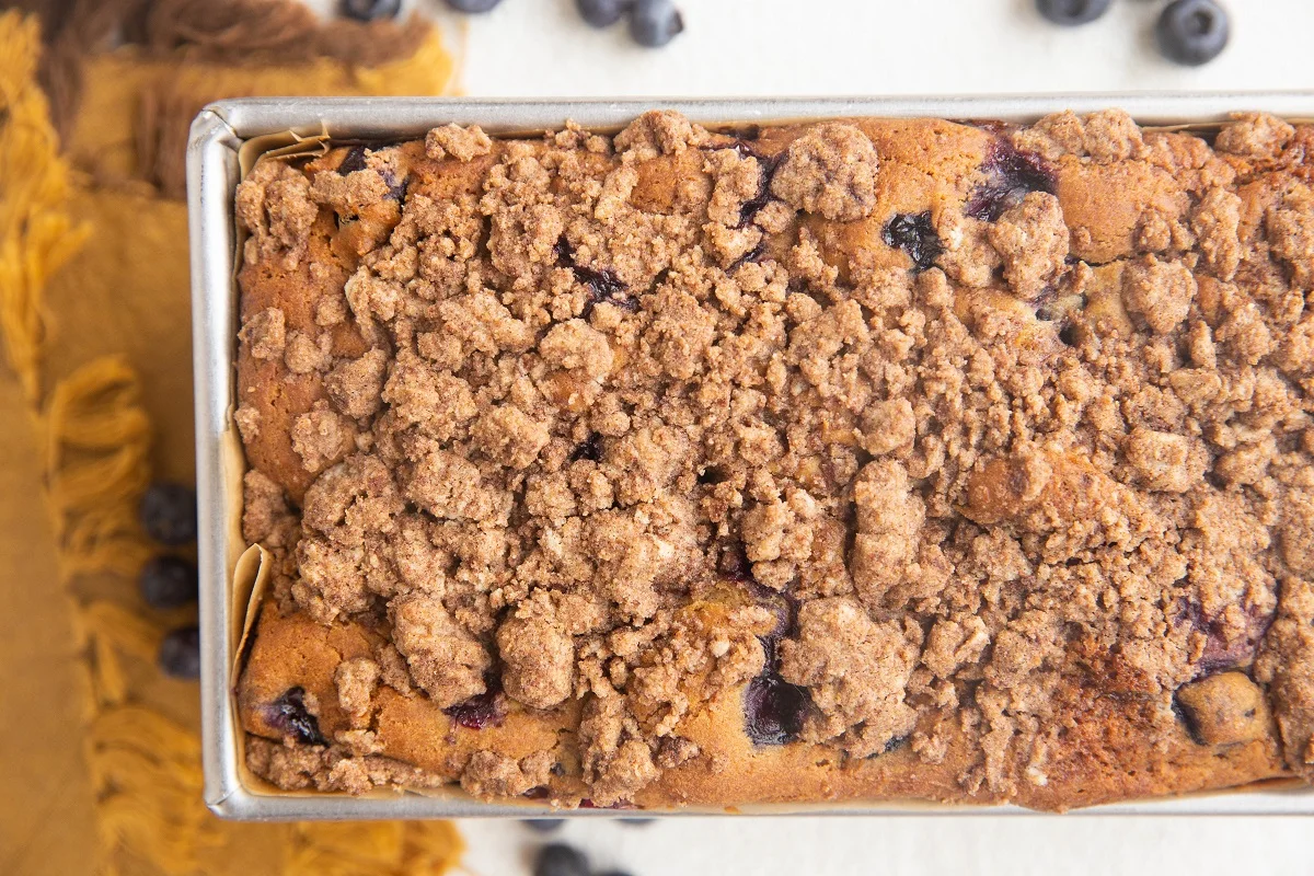 Blueberry streusel muffin bread fresh out of the oven.