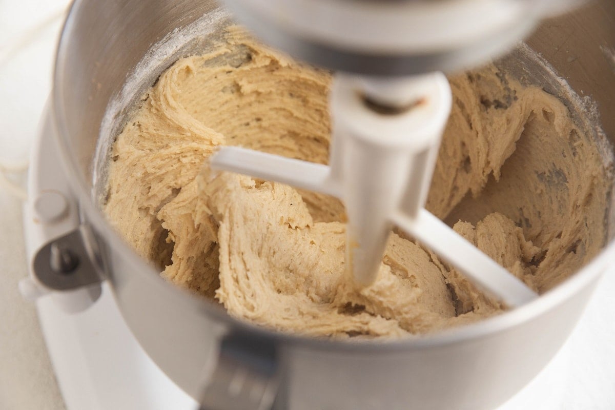 Bread batter in a stand mixer, all mixed up.