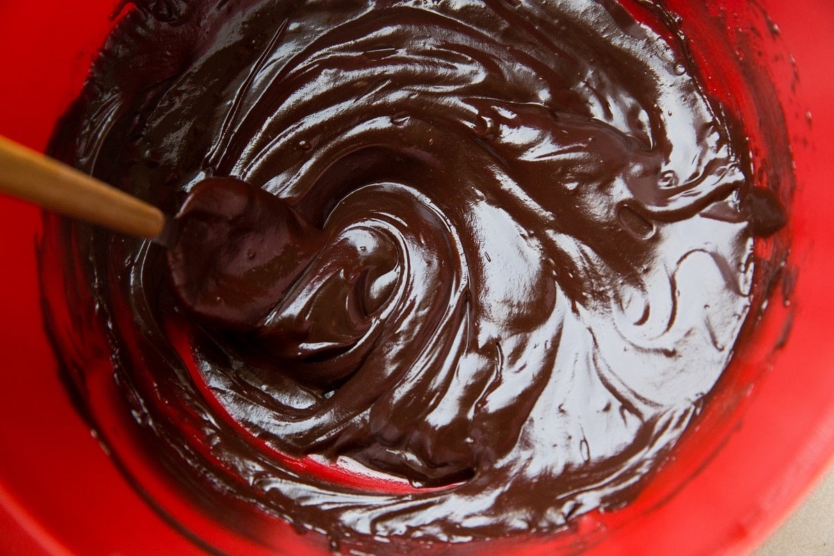 Chocolate ganache in a mixing bowl.