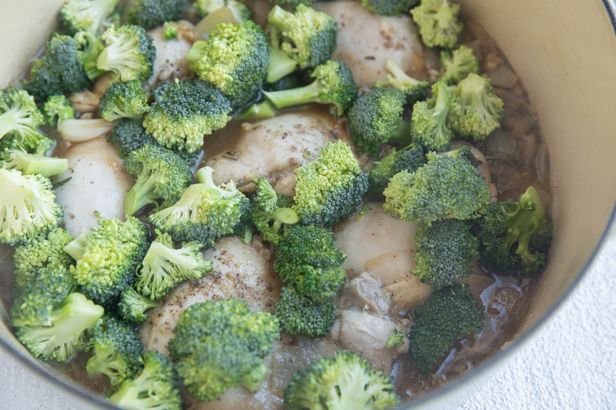 One pot chicken and rice with broccoli added in to steam.