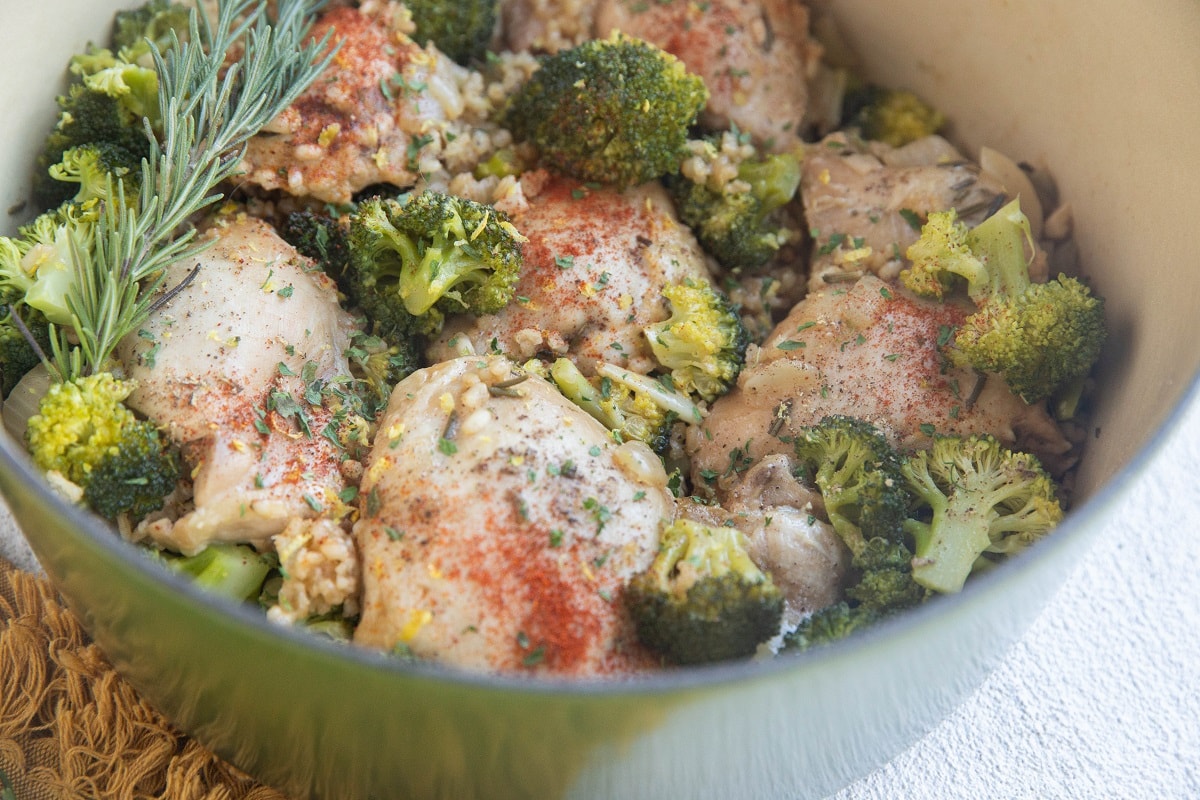 One pot chicken and rice with broccoli.