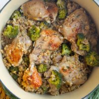 Top down one pot chicken and rice recipe, ready to serve.