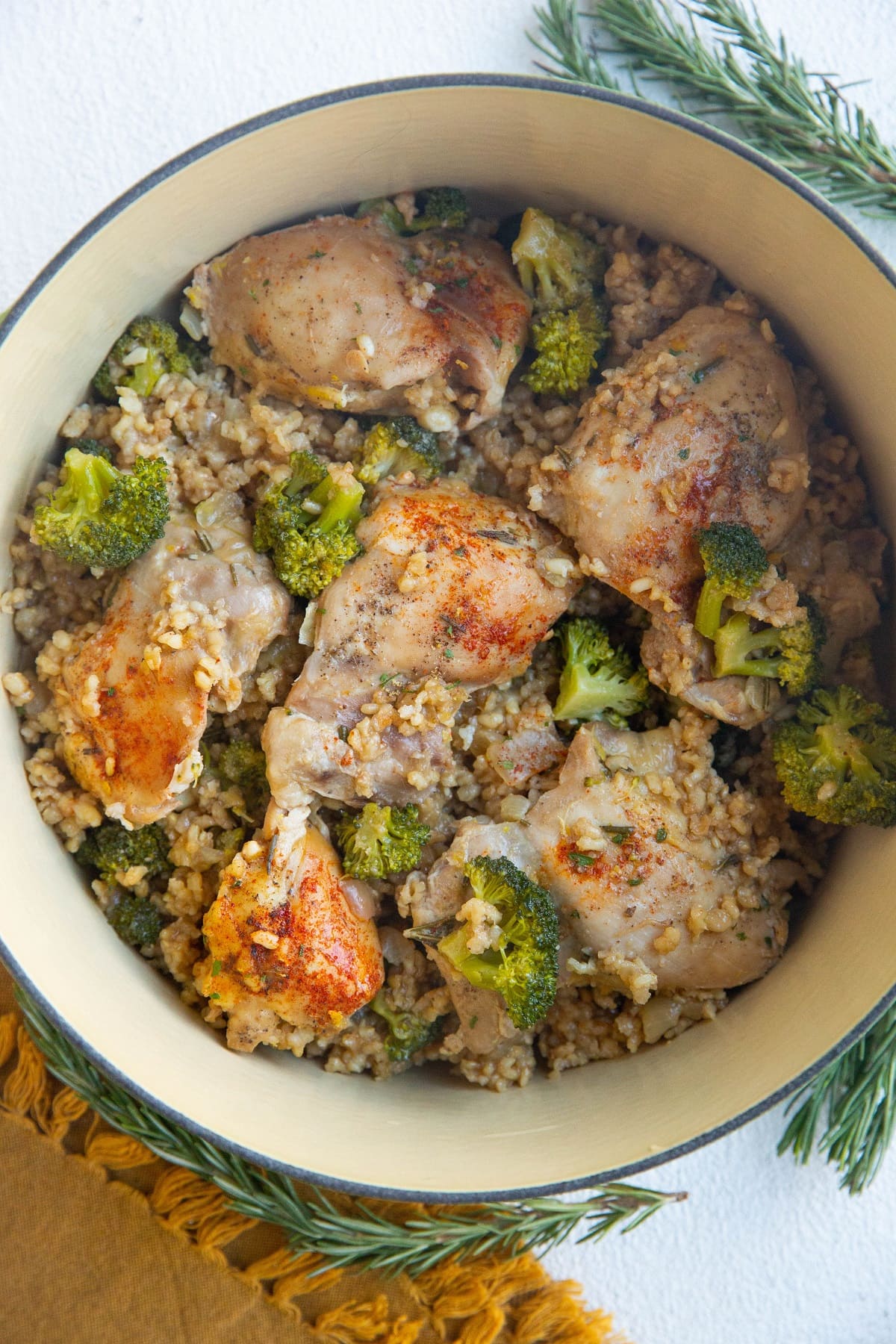 Top down one pot chicken and rice recipe, ready to serve.
