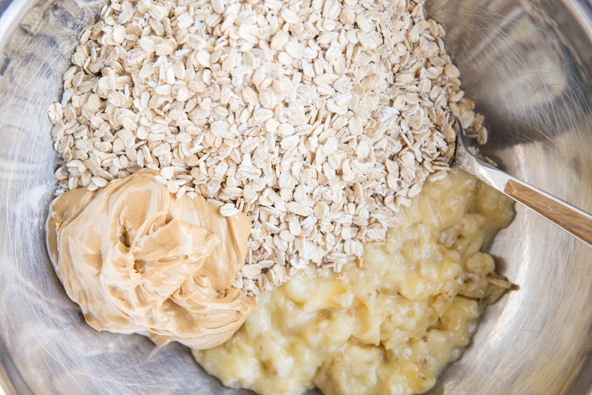 Mash the bananas and mix in the peanut butter and oats