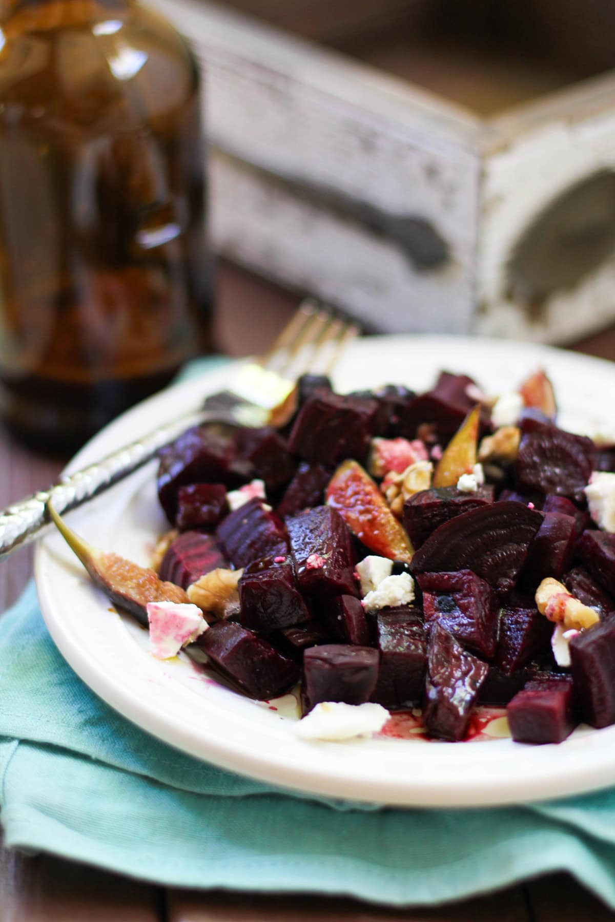 Roasted Beet and Fig Salad with walnuts, goat cheese, and blackberry balsamic vinaigrette
