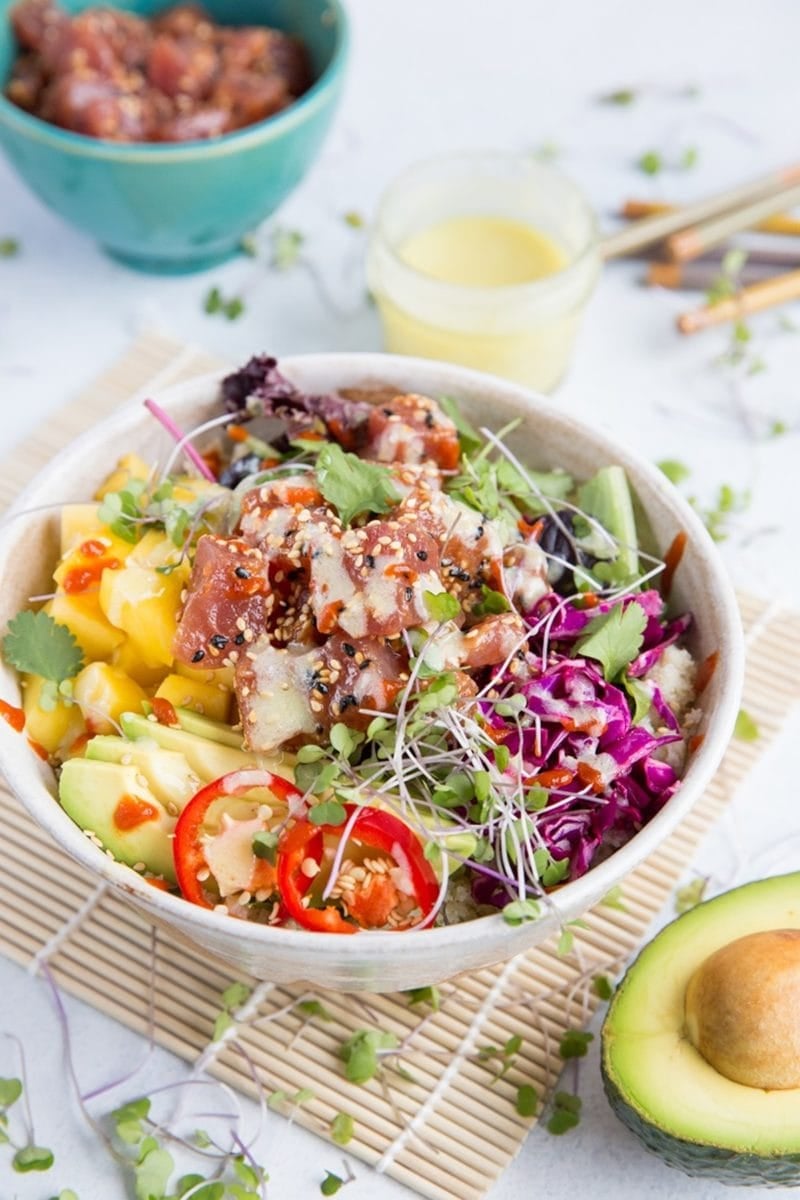 Ahi Poke Sushi Bowls with Wasabi Mayo, mango, avocado, microgreens, rice, and more.