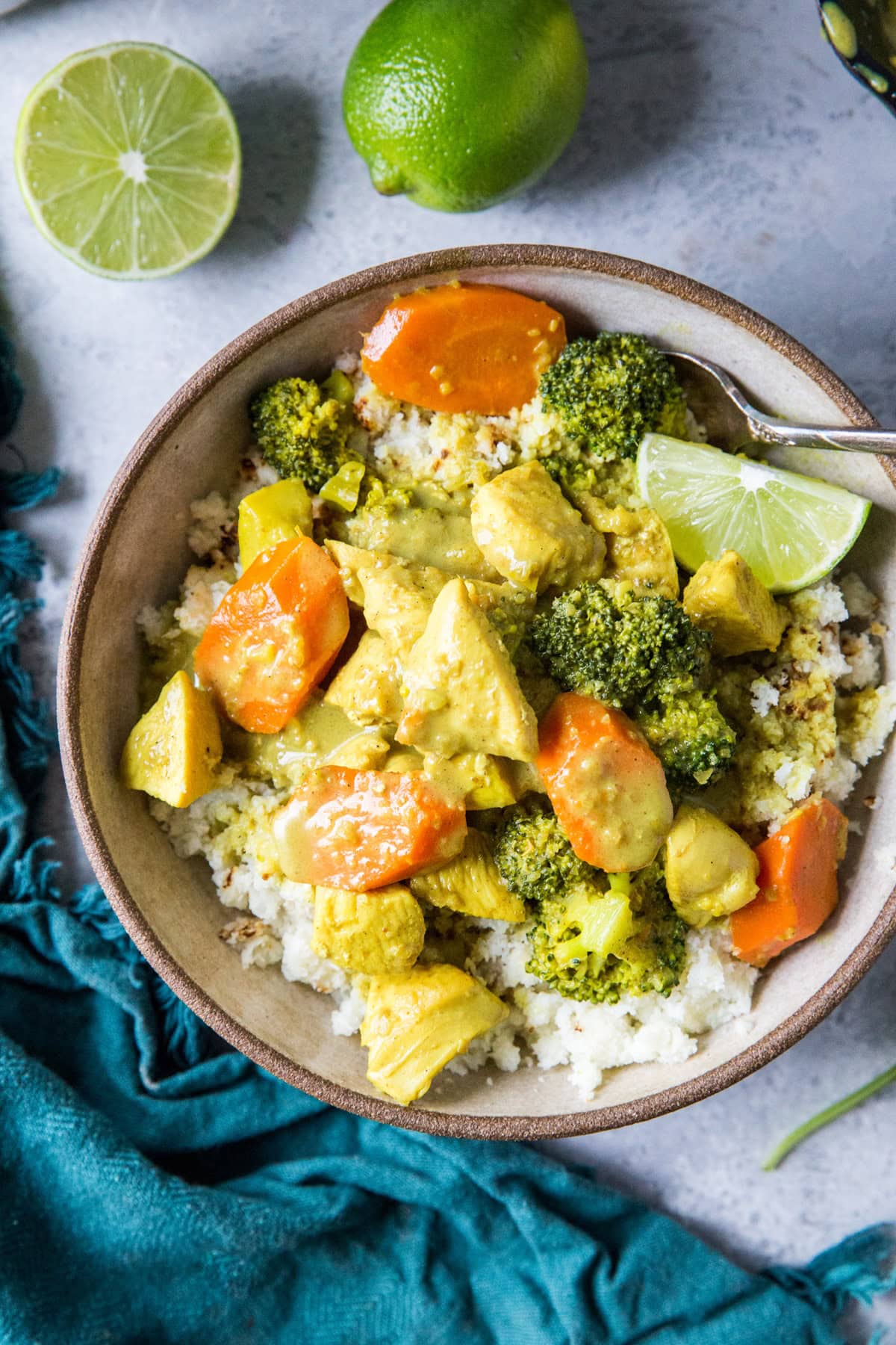 Big bowl of aip curry on top of cauliflower rice, ready to eat.