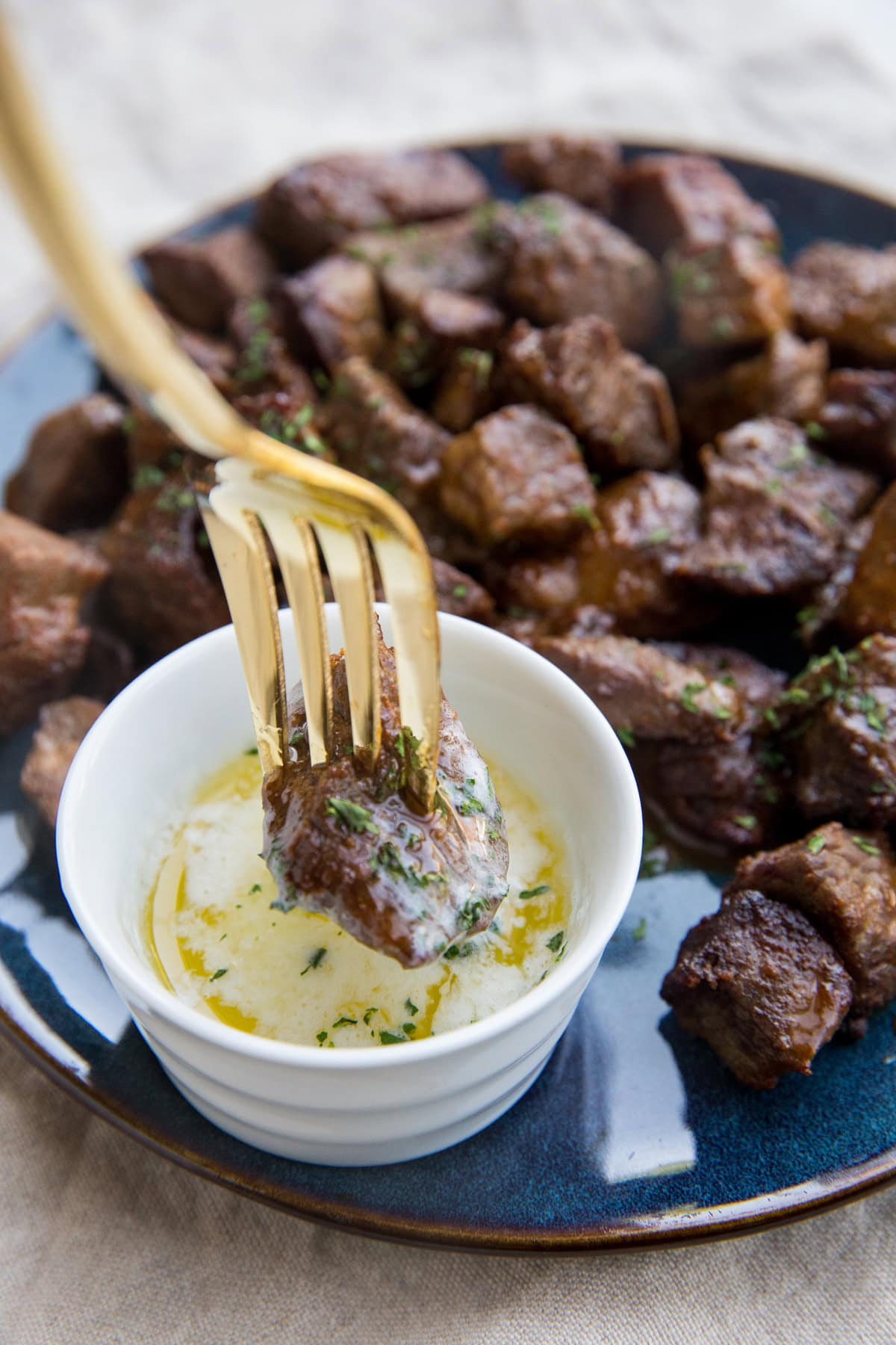 Air Fryer Steak Bites - perfectly cooked steak made in the air fryer! Crispy, flavorful bits of deliciousness. The perfect appetizer recipe!