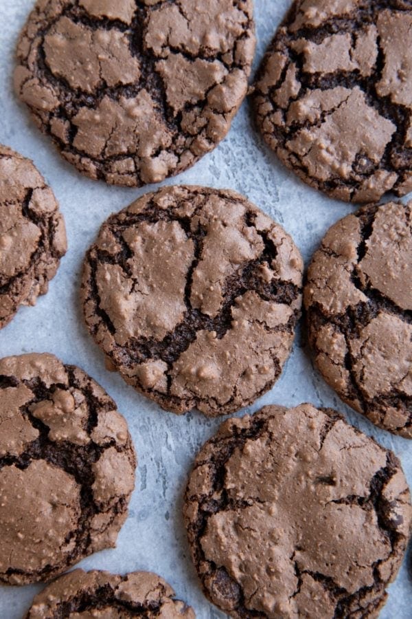 Chocolate cookies sitting on a backdrop, ready to eat. The cookies are crinkly like classic crinkle cookies.