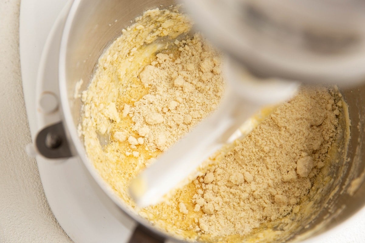 Dry ingredients on top of wet ingredients in a stand mixer.