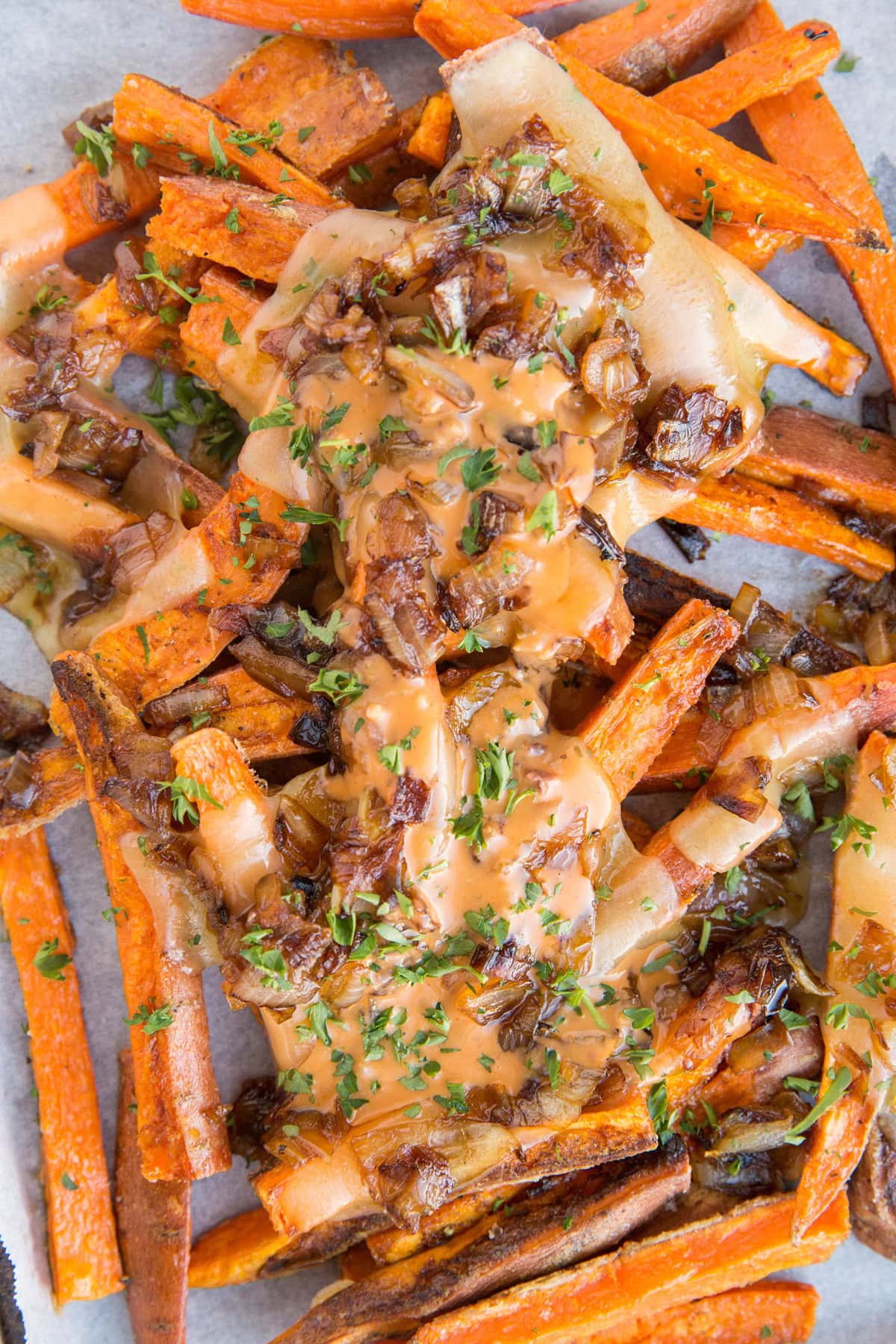 Animal Style Fries - homemade copycat In & Out Fries animal style with baked sweet potato fries